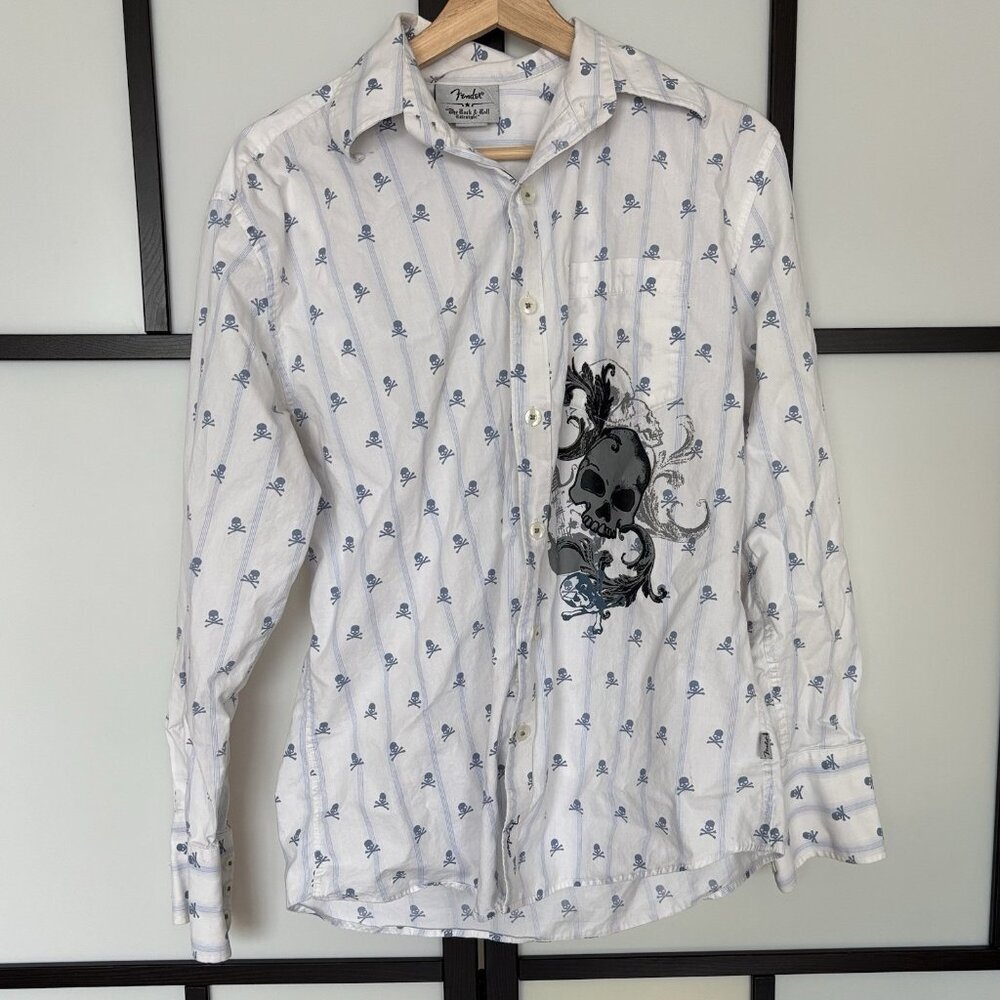 Fender White Button Down Shirt Mens Medium Rock Roll Skulls